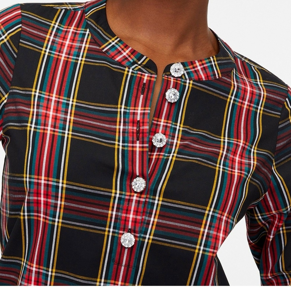 J. Crew Women's Plaid Cotton Poplin Pop-Over Jeweled Buttons Holiday Preppy SP